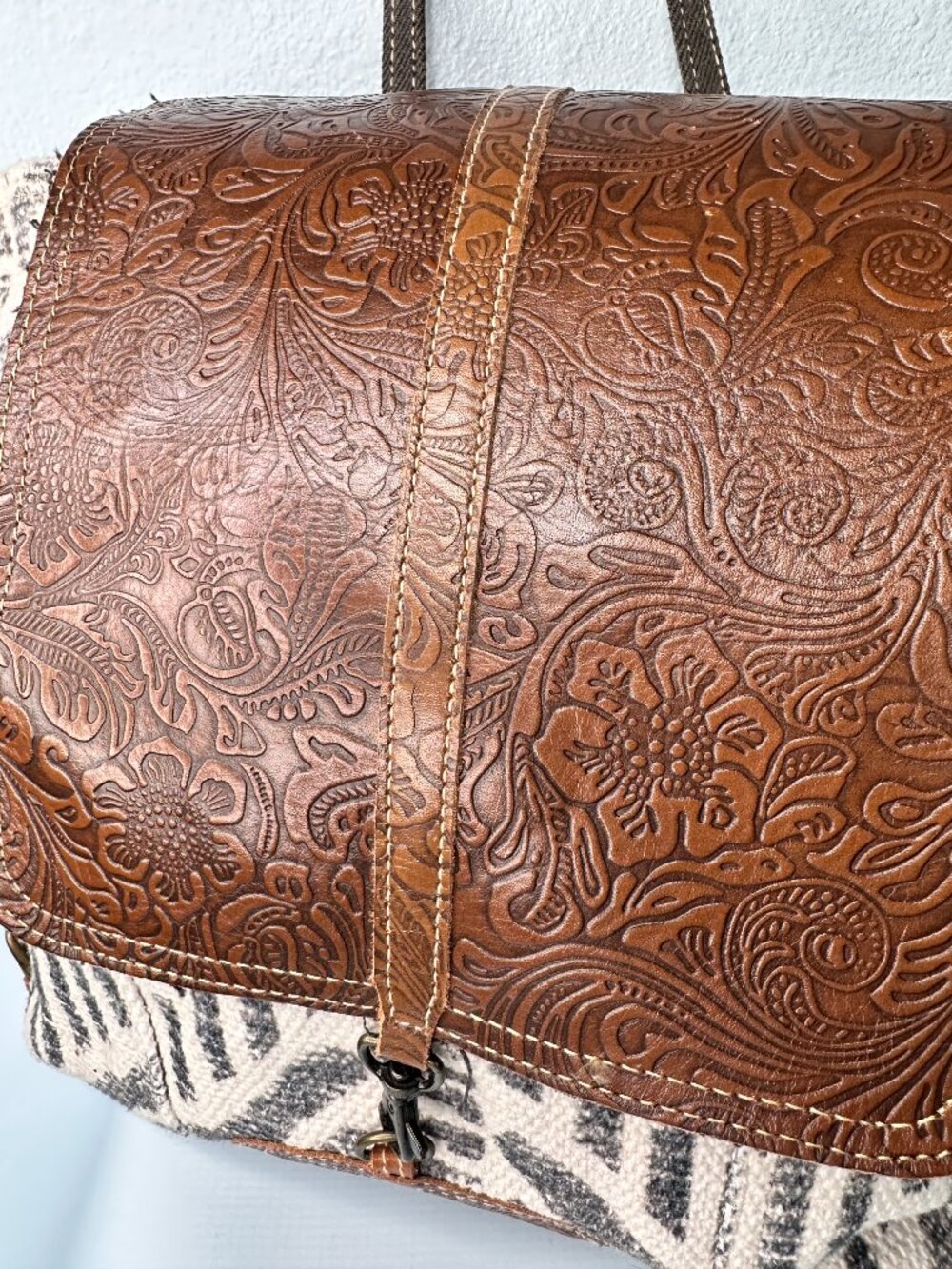 Myra Bag Tooled Leather Canvas Backpack Brown White Gray Embossed Floral - Picture 2 of 11